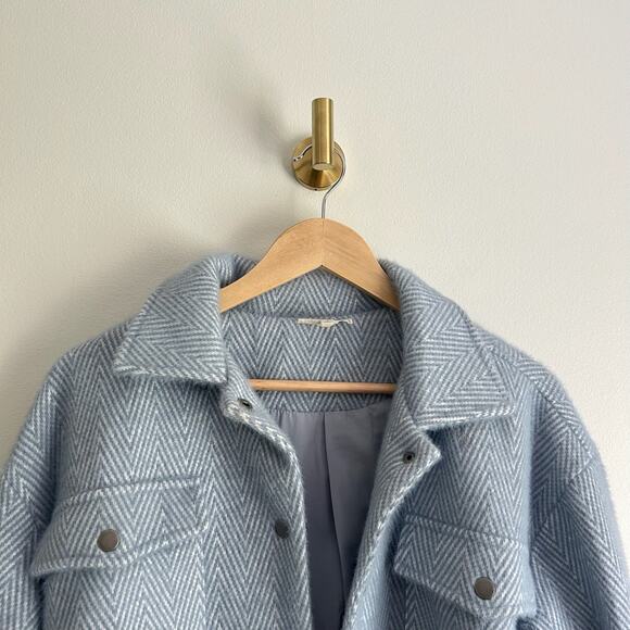 Mystree Fuzzy Soft Button Front Herringbone Shacket Blue S - Picture 5 of 10